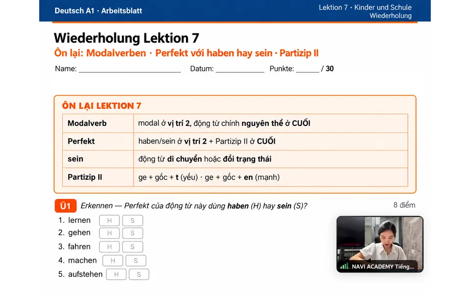 Phiếu bài tập Deutsch A1 ôn tập Lektion 7: Modalverben, Perfekt với haben hay sein, Partizip II