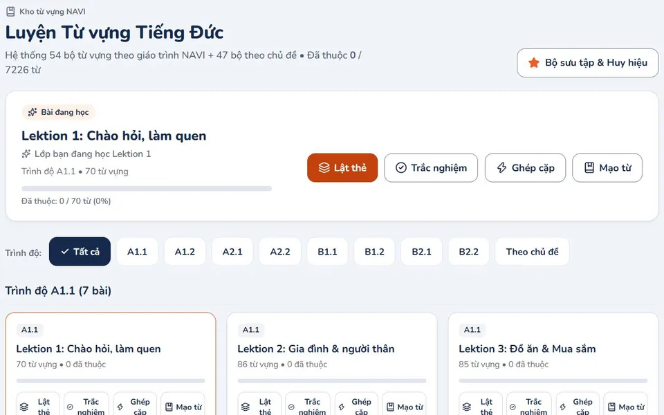 Màn hình luyện từ vựng tiếng Đức theo từng Lektion trên NAVI Student Portal